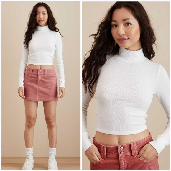 American Eagle Hey Baby Soft & Sexy Long-Sleeve Cropped Ribbed Mock Neck Shirt L - Picture 1 of 7